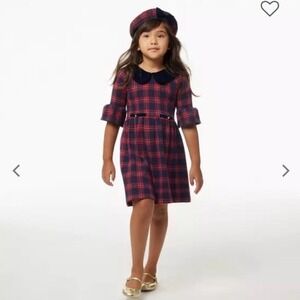 Janie and Jack Plaid Dress Kids 5 Navy Red Velvet Trim Peter Pan Collar